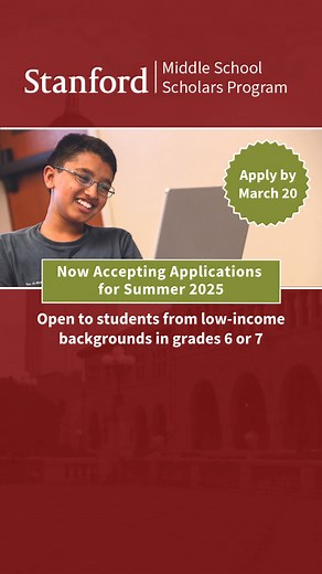 The Stanford Middle School Scholars Program prepares students for a rigorous high school education with a three-week online summer course and weekly online after-school meetings. The program serves students from low-income backgrounds in grades 6 or 7 who reside in and attend school in the United States. | Stanford Pre-Collegiate Studies | Facebook