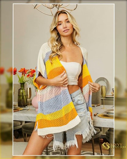 Elegant Openwork Striped Cardigan | Modern Open Front Design, Textured Knit | Effortless Layering...