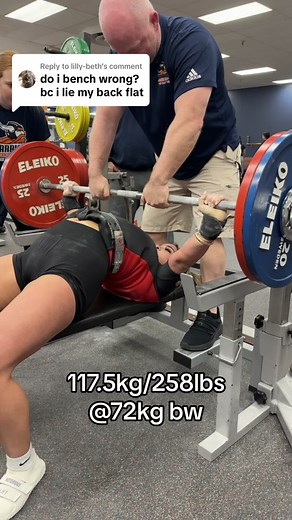 Replying to @lilly-beth this is legal bench form in usapl, I just recently placed 3rd place at nationals with this exact form. I am not recommending having this much of an arch (which is really hard to have) to anyone who is not a powerlifter.. I train to lift the most weight I can, shortening my range of motion gives me an advantage.. #powerlifting #usapl #bench #fyp #foryoupage #gym #lifting #gymtok #girlsthatlift