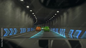 Futuristic Autonomous Self-Driving Car Moving Through Tunnel, Head-up Display HUD Showing Infographics: Speed, Distance, Navigation. Road Scanning. Driver Seat Point of View POV, First Person View FPV