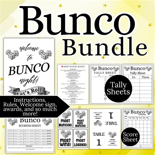 Bunco Party Pack, Game Night Printable Score Cards, Tally Sheets, Game Rules, Table Numbers, Dice Game (instant Download) - Etsy