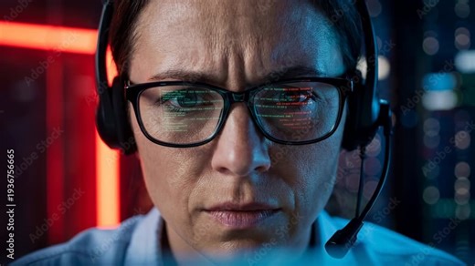 A woman wearing glasses and a headset is looking at a computer screen. Concept of focus and concentration as the woman works on her computer