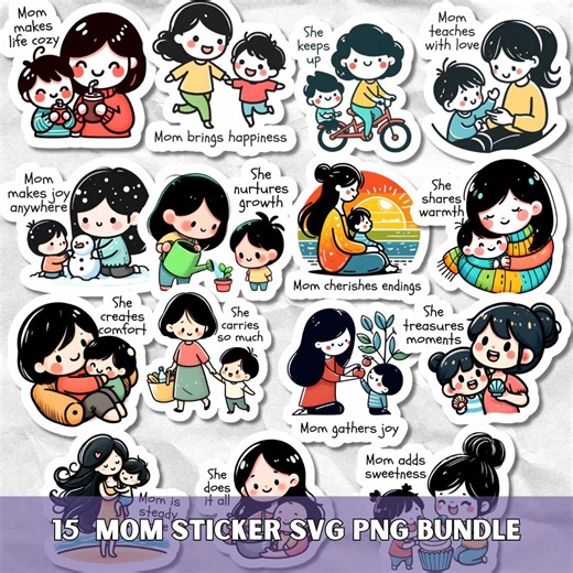 Mother's Day Stickers SVG PNG Bundle, Kawaii Mom Clipart, Gift for Mama, Printable Decals - Etsy
