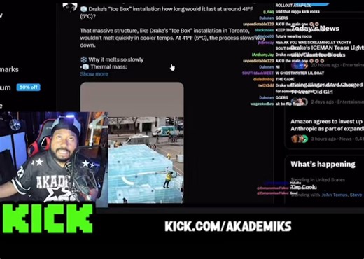 🧊 DJ Akademiks Reacts to Cousin Tino’s Drake “Iceman” Theory 🤔What’s really behind Drake’s melting ice structure? Could it reveal the album drop?🎙️ During a recent stream, DJ Akademiks weighed in on a viral theory from Cousin Tino breaking down Drake’s mysterious “Iceman” installation.🧠 Cousin Tino’s Breakdown:•If the structure is kept around 41°F (5°C)•Built with massive ice blocks, creating heavy thermal mass•Self cooling effect slows the melting process⏳ Estimated Timeline:•2–4 days: Stru