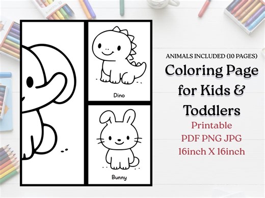 10 Pages Animal Coloring Page for Kids & Toddlers | Simple Line Art Animals | Printable PDF PNG JPG - Etsy