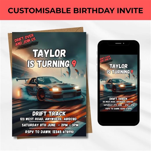 Drift Car Party Invite | Editable and Printable Digital Invitation | Instant Canva Download - Etsy