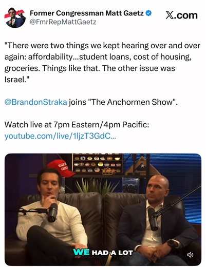 Had a fantastic hour of conversation with Matt Gaetz and Pearson Sharp about Trump, affordability, Israel, Venezuela, Tina Peters, AOC, Mamdani, Gavin Newsam and so much more! Streaming live tonight at 7pm ET on YouTube. Link to watch in comments! | Brandon Straka