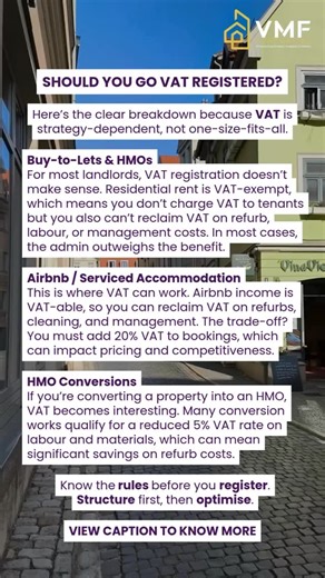 VAT can either protect your profit or quietly erode it, the difference is knowing how it actually works. For most landlords, registering without a clear strategy creates more admin with no real upside. Residential rent is VAT-exempt, meaning no VAT to reclaim and no benefit from being registered. But in the right scenarios such as serviced accommodation or qualifying HMO conversions, VAT can become a powerful planning tool rather than a cost. The key isn’t whether VAT is “good” or “bad.” It’s wh