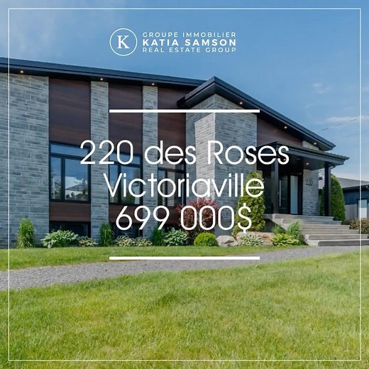 En Primeur I Featuring 🏡 220 Rue des Roses Victoriaville 699 000$ Centris # 27634731 Résidence de plain-pied exceptionnelle, espace de vie à aires ouvertes inondé de lumière naturelle. Cuisine ultra-moderne : comptoir en granite, îlot en quartz de 10 pieds, armoires en polymère. Revêtement en céramique d’Espagne au rez-de-chaussée. Plafonds de 11 pieds au rez-de-chaussée. Cinq chambres à coucher, deux salles de bains complètes sur deux niveaux. Chambre principale : plancher en érable. Propriété