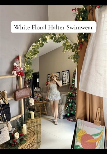 Stylish White Floral Halter Tankini for Beach Days