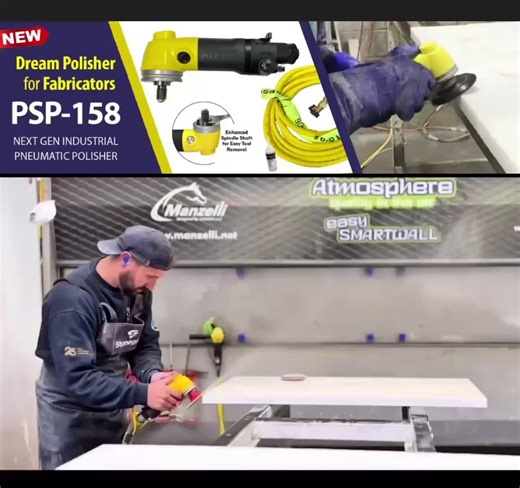 Why the PROS polish with water? 💧 Jake and Oliver from Bath Granite & Marble, two expert finishers with over a decade of experience, are applying the final touches to the worktops. They prefer a wet polishing method with the PSP-158 Pneumatic Polisher from Alpha®. The constant flow of water helps achieve a smoother, more consistent surface while preventing the stone and tools from overheating. It also keeps dust levels low, making it safer and cleaner for both- the team and the workspace. It’s 