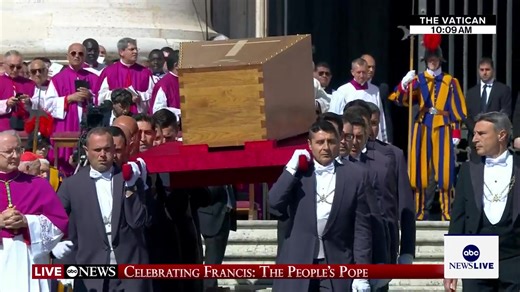 Pope Francis' coffin is carried out into St. Peter's Square, where huge crowds have gathered to commemorate the life and legacy of 'The People's Pope.' Follow live updates: https://abcnews.link/OWfZ0UU | ABC News