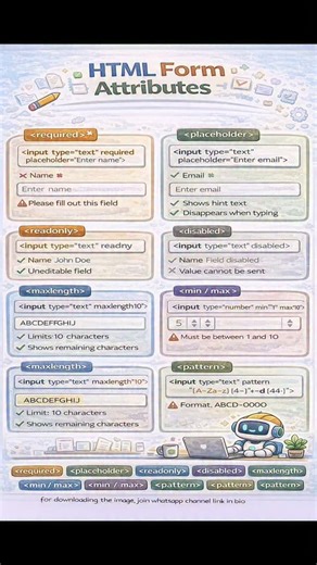 Subhodeep | Code on Instagram: "HTML Form Attributes 📝💻 Form attributes control how data is sent, validated, and handled 🚀 Must-know for building functional and secure forms ✨ Hashtags: #HTML #HTMLForms #WebDevelopment #LearnToCode #FrontendBasics Keywords: [html form attributes, form action method, html forms basics, frontend development, html input attributes, web forms, beginner html, coding fundamentals, learn html, web development basics]"