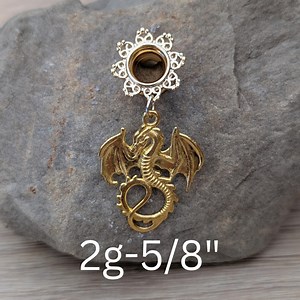 Pair Gold Dragon Dangle Gauges Tunnels 2g 0g 00g 1/2 9/16 5/8 Inch Plugs Screw Back Steel Ear Stretching Jewelry Earrings Unique Goth Edgy - Etsy