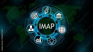 IMAP System Software Automation concept on virtual screen data center. Modern Technology, Internet and social media icons 4K animation on world map