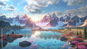A stunning 3D landscape, with the sun setting behind the towering mountains and the vibrant colors of the sky reflecting on the crystal clear lake, inviting you to immerse yourself in its beauty.