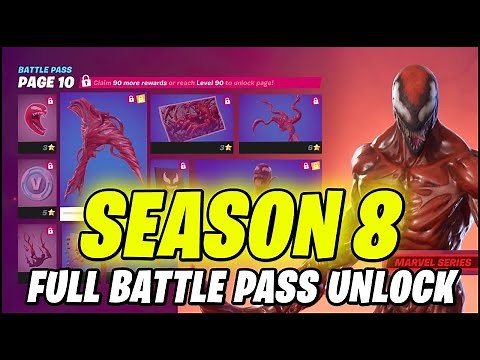 Fortnite Season 8 Chapter 2 - FULL BATTLE PASS UNLOCK - CARNAGE SKIN (ALL 100 TIERS REWARDS)