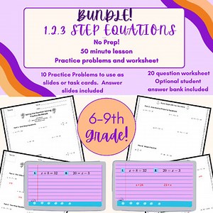 1, 2, 3 step Equations | Practice Slides & Worksheet | Positive Integers Only