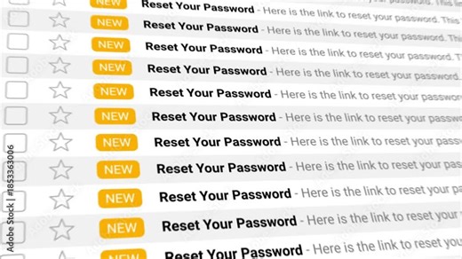 Reset Your Password emails flood an animated inbox, highlighting potential cybersecurity risks. Visualizes cybersecurity threats, phishing, spam, data breaches, or forgotten login issues.