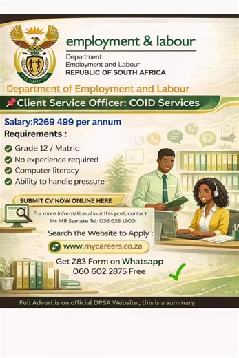 Client Service Officer wanted! Apply through mycareers.co.za #job #jobsearch Which province are you from? Reply!!!