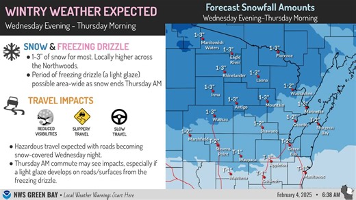 Appleton area to receive snow, freezing drizzle on Wednesday, overnight into Thursday
