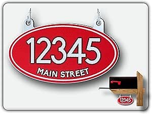 Curb N Sign Hanging Mailbox Numbers Plaques - Made of Aluminum Composite Material - Super Reflective, Double Sided Options Mailbox Numbers for Outside – Customized Oval Mailbox Number Plaque (Red)