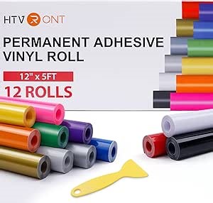 HTVRONT Permanent Vinyl Bundle -12 Pack 12 Inch by 5 Feet Permanent Adhesive Vinyl Rolls Compatible with Cricut Cutting Machine, Silhouette, Cameo Cutters, Signs, Scrapbooking, Craft, Die Cutters