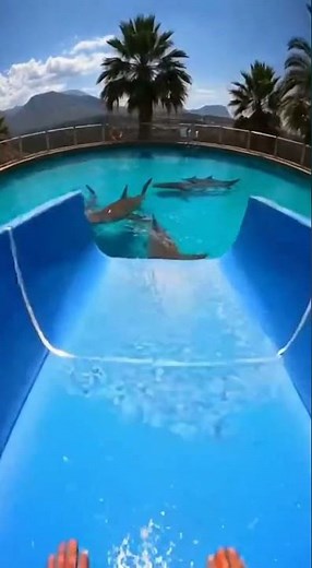 Waterslide into pool full of massive bull epic splash challenge #summerfun #extremesports #wildlife