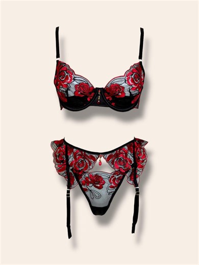 Red Rose Embroidered Lingerie Set, Black Sheer Mesh Bra & Garter Thong, Floral Lace Underwire Lingerie, Lingerie Set, Gift for Her - Etsy