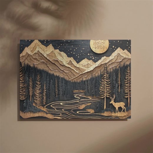 Nature Lover Gift Mountain and Trees Jigsaw Puzzle Wood Panel Effect Outdoor Wildlife Carved Wooden Style Moon and Stars 120/252/500 Pieces - Etsy