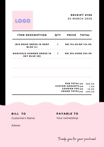 Modern Receipt Template Canva Editable | Minimalist Invoice (digital Download) - Etsy