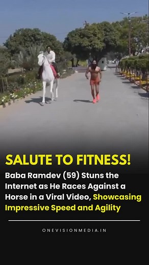 Onevision Media on Instagram: "A recent video of Baba Ramdev, aged 59, racing against a horse has gone viral, astonishing viewers with his speed and fitness. The footage shows him running alongside a white horse, both moving at an incredible pace. Social media users were quick to react, with one commenting, “Olympics me chalo baba,” and another claiming, “Baba will definitely get Gold medal in coming Olympics.” The video showcases his remarkable physical ability and emphasizes the benefits of yo
