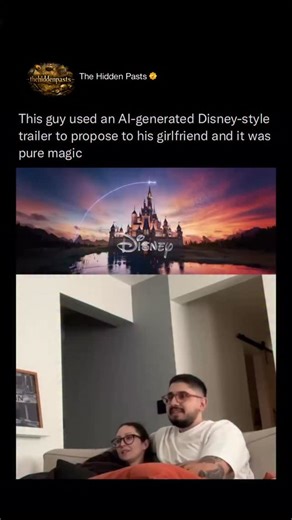 History 📌 Entertainment 📽️ News 🎤 on Instagram: "A guy made an incredible Disney-style trailer to propose to his girlfriend 🥲💍✨ using AI to turn their love story into a magical animated adventure. It starts like a classic fairytale with beautiful characters falling in love. Slowly the animation becomes personal—the girl looks just like her, has her real name, and includes sweet details from their actual relationship that only they would recognize. Follow @thehiddenpasts for more amazing sto