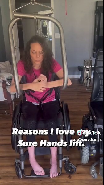 A ceiling lift is a great way for those of us with reduced mobility to move from wheelchair to wheelchair or to bed, bath, couch, floor, pool, etc! #disability #disabilitytiktok #fyp #fypシ #surehands #ceilinglift #joyerlift #patientlift #accessiblehome #wheelchairlife #quadriplegic #disabledwoman