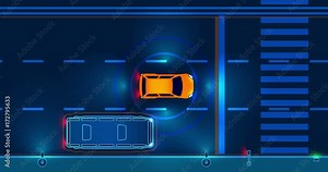 Autonomous smart car driving on road in the night city. Top view on street. The machine automatically stops at the crosswalk, changes the lane and overtakes city vehicle.