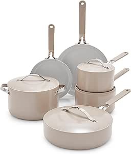 GreenLife 10-Piece Nonstick Ceramic Cookware Set, Lightweight Healthy PFAS-Free Pots & Pans with Lids, Dishwasher & Oven Safe, Durable Body, Silicone Stay-Cool Handles, Easy Release, Taupe