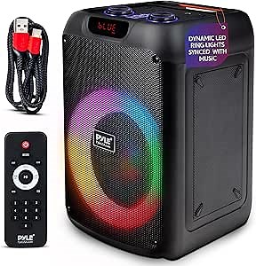 Pyle Portable Bluetooth Party Speaker with 8" Inch Woofer, TWS Function, 100W Rechargeable Battery, Mic Input, Echo, Bass & Treble Control, USB/SD/BT/FM Radio, LED Ring Lights, for Indoor/Outdoor Use