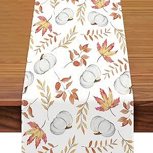 72x13 Inch Fall Table Runner Decorations - Linen White Pumpkin and Maple Leaves Pattern Table Runner for Thanksgiving, Holiday, Home, Kitchen, Mantel, Dining Table Decor, Autumn Party Supplies