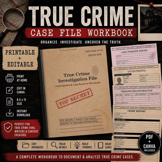 Printable True Crime Case File System | PDF   Editable Canva Template (PRO Required) - Etsy