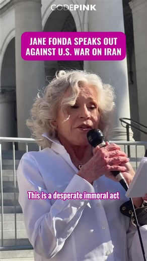 🪧 Today in Los Angeles, actress and activist Jane Fonda, spoke out against the US-Israeli strikes on Iran.