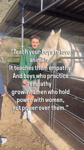 Angela Schellenberg on Instagram: "One of the things I am most proud of is teaching my boys to love animals. Not just to pet them or play with them, but to notice their feelings. To read body language. To move gently. To care. Because empathy shapes how boys grow into men. When boys learn empathy, they learn power with instead of power over. Power over is control. Dominance. Winning at all costs. Power with is connection. Collaboration. Considering how their choices impact the people they love. 