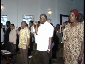 Rare footage Former President Kenneth Kaunda meeting with the ANC, UDF, and COSATU leaders in Lusaka in June 1989. Shots of Harry Gwala, (member SACP and ANC, political prisoner on Robben Island, and leader in KZN Provincial government) and Jacob Zuma (member ANC and MK, political prisoner and exile working underground, former Executive Deputy President of South Africa and current President of the ANC, 2007- 2018). Behind Zuma is Moses Mayekiso, former trade unionist and current businessman. [00