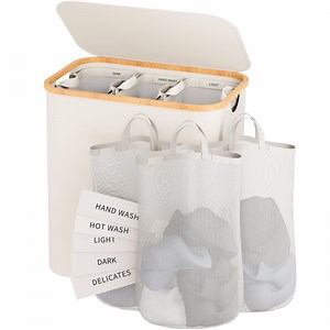 Bathola Laundry Hamper with Lid, 160L Dirty Clothes Hamper for Laundry Basket 3 Section, Extra Large Laundry Sorter Hamper 3 Compartment with Removable Inner Bags & Labels, Beige