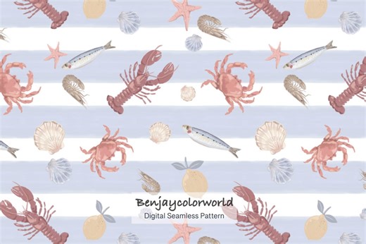 Seafood Seamless Pattern, Lobster Crab Sardine Nautical Fabric Design, Blue Striped (digital Download) - Etsy