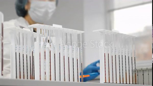 Medical laboratory worker monitoring erythrocyte sedimentation rate ESR test tubes with blood samples during clinical analysis in modern diagnostic lab.