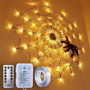 SVNVIOZ Spider Web Lights with Controller, 8 Lighting Modes Halloween 70 LED Waterproof Cobweb Lights and Black Spider Decor for Party Yard Bar Haunted House Indoor & Outdoor Halloween