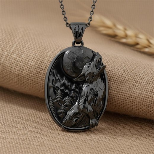 Howling Wolf Pendant 925 Sterling Silver Black Rhodium Finish Moon & Forest Necklace Gothic Nature Jewelry - Etsy