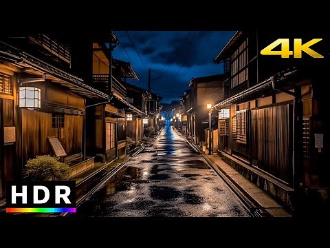 Late night rain walk in old Japanese town // 4K HDR
