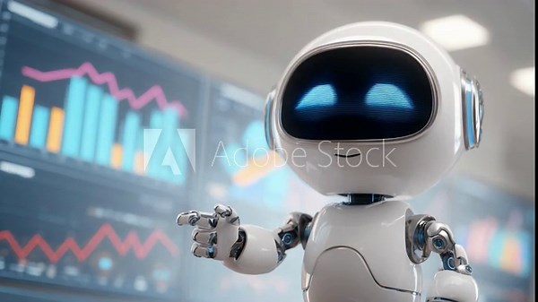 Friendly robot with digital graphs and charts for futuristic technology, AI, and innovation concepts