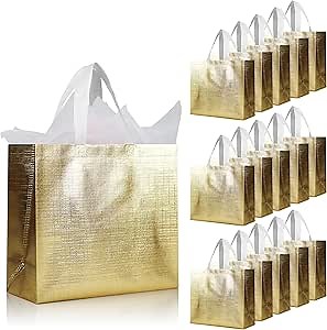 cabzymx 16 Pcs Glossy Gold Reusable Gift Bags, Metallic Bling Design Holiday Goodie Bags with Handles & Bases, Non-woven Gift Bag Bulk for Birthday, Wedding, Parties, Graduation- 12.6x4.7x11 In